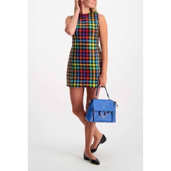 Alice + Olivia Colin Colorful Houndstooth Crewneck Sleeveless Short Mini Dress - Picture 13 of 16
